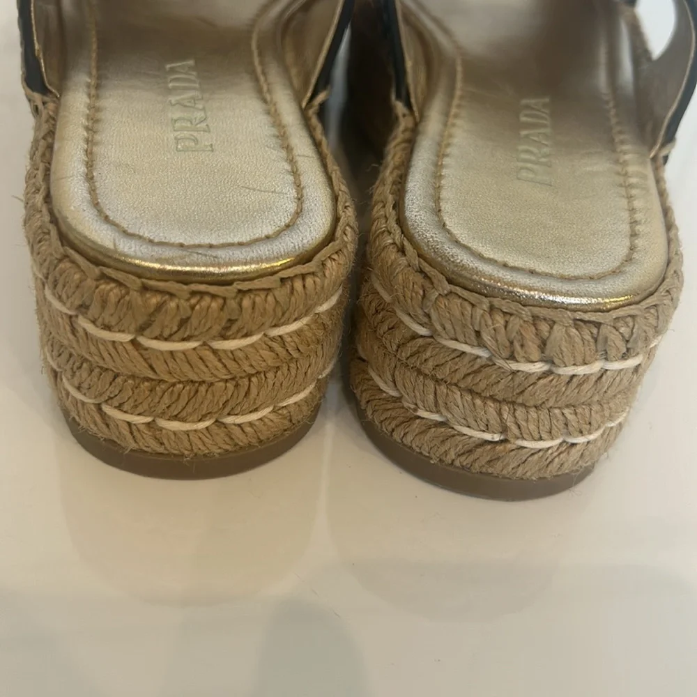 Prada Black Leather Espadrille Platform Sandals with Gold Footbed